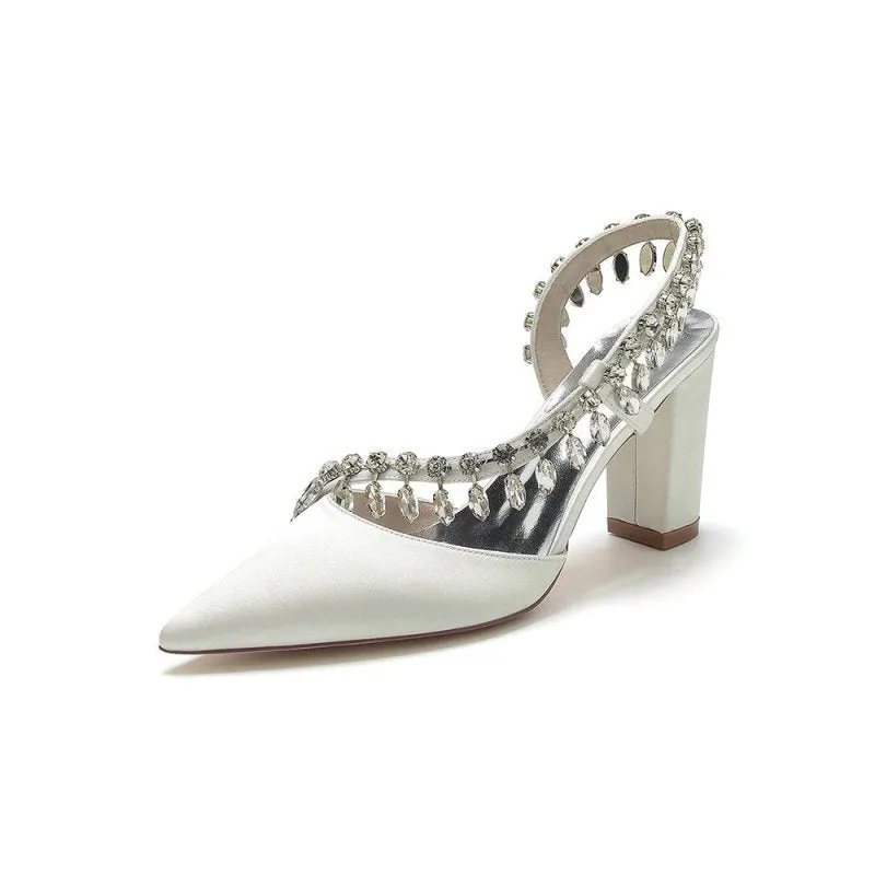 Pointed Toe Beaded Slip-on Satin Chunky Heels