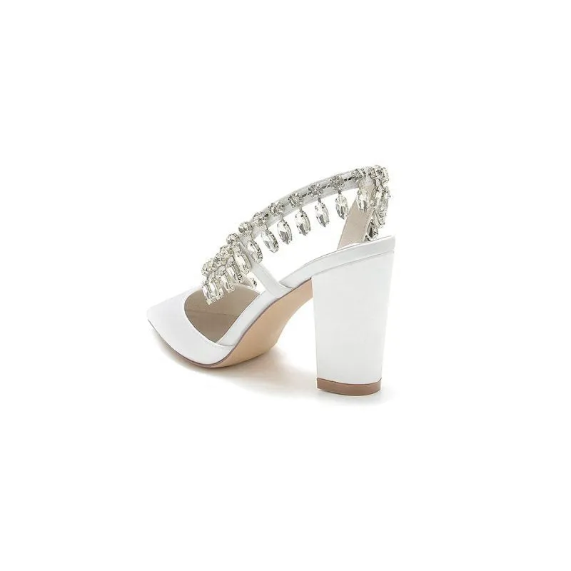 Pointed Toe Beaded Slip-on Satin Chunky Heels