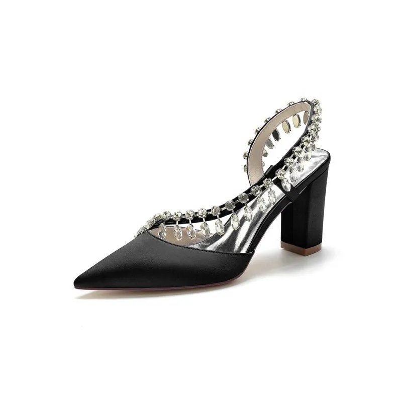 Pointed Toe Beaded Slip-on Satin Chunky Heels