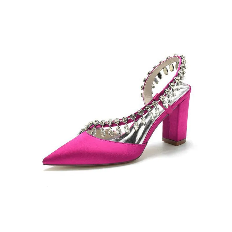 Pointed Toe Beaded Slip-on Satin Chunky Heels
