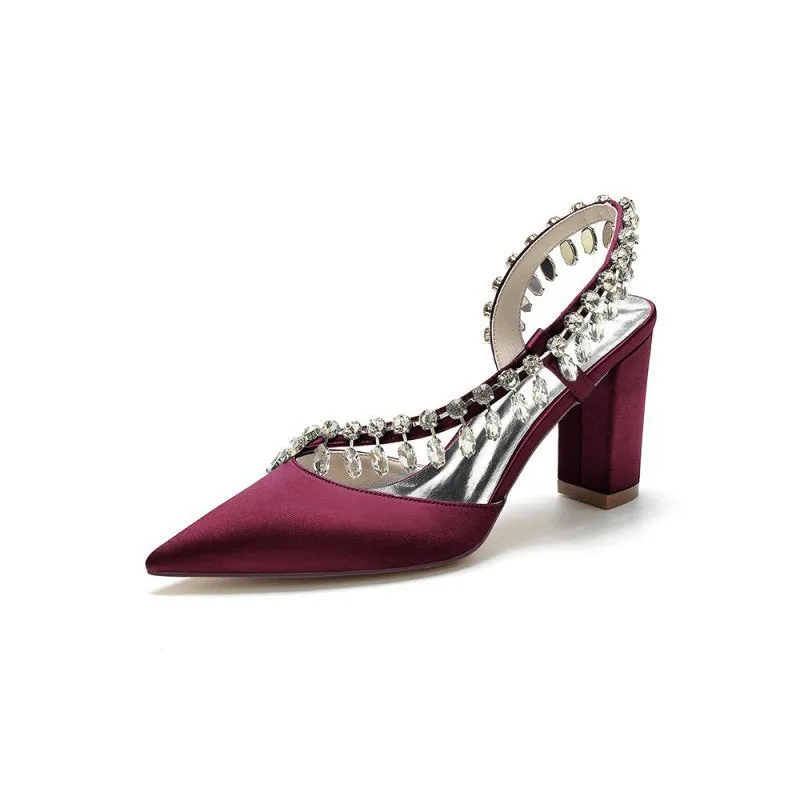 Pointed Toe Beaded Slip-on Satin Chunky Heels