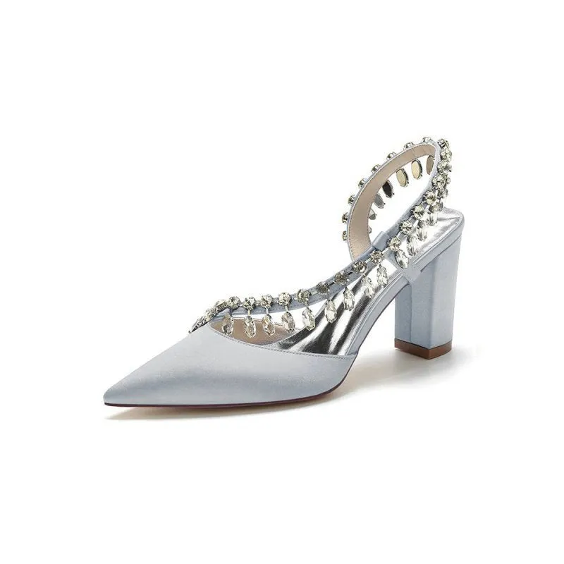 Pointed Toe Beaded Slip-on Satin Chunky Heels