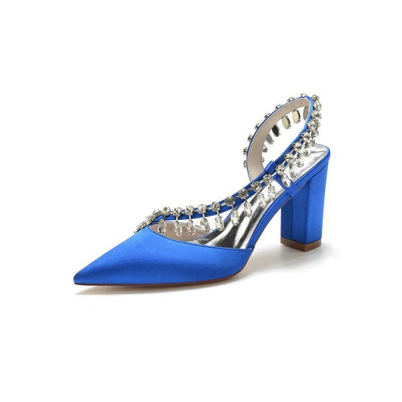 Pointed Toe Beaded Slip-on Satin Chunky Heels