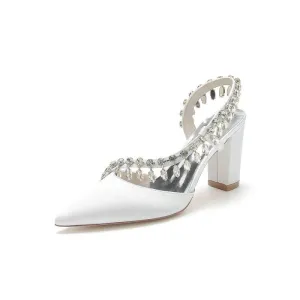 Pointed Toe Beaded Slip-on Satin Chunky Heels