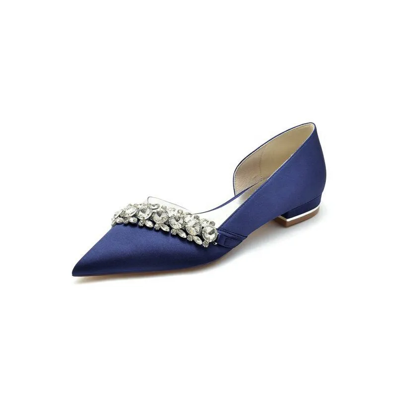 Pointed Toe Slip-on Satin Low Heels With Rhinestone