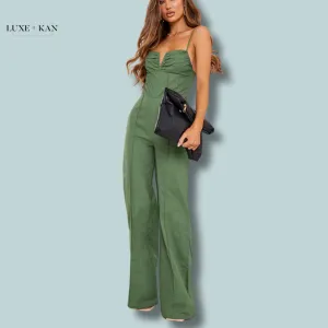 PRETTYLITTLETHING Khaki Woven V Bar Corset Detail Wide Leg Jumpsuit
