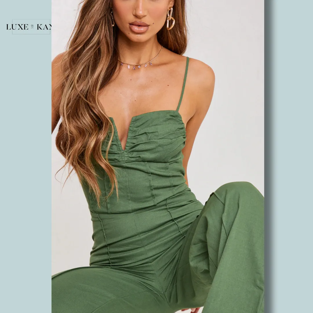 PRETTYLITTLETHING Khaki Woven V Bar Corset Detail Wide Leg Jumpsuit