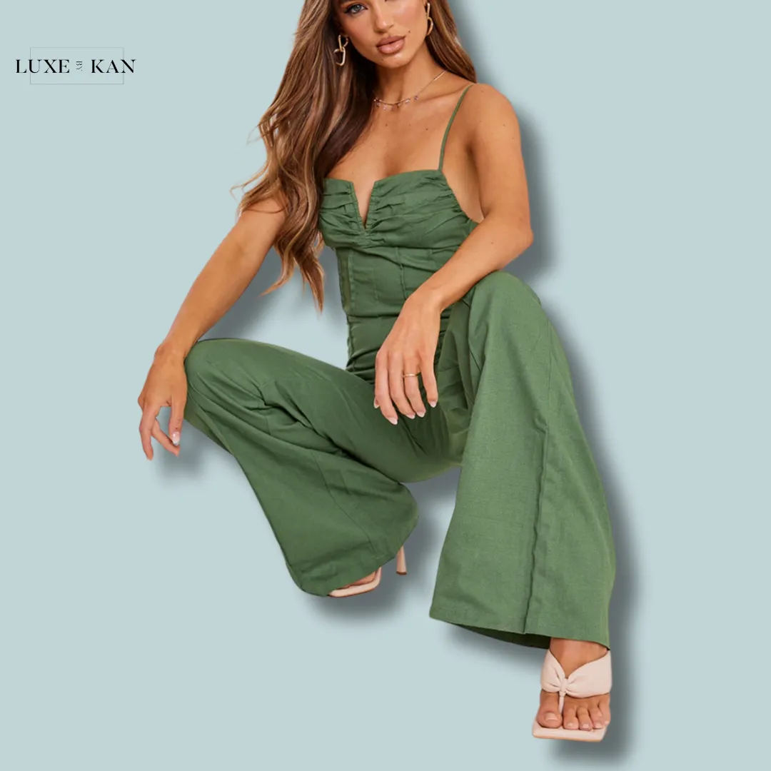 PRETTYLITTLETHING Khaki Woven V Bar Corset Detail Wide Leg Jumpsuit