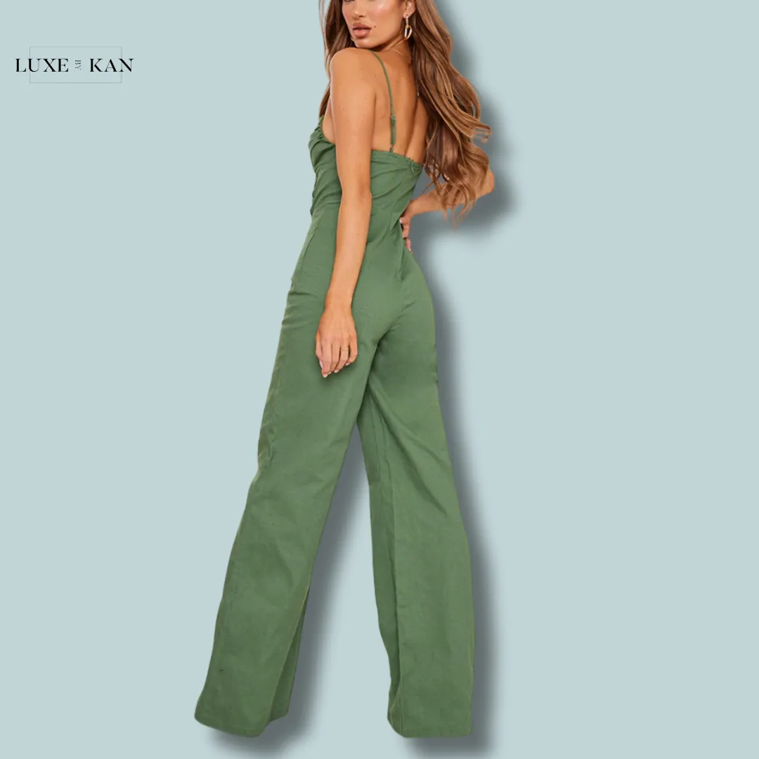 PRETTYLITTLETHING Khaki Woven V Bar Corset Detail Wide Leg Jumpsuit