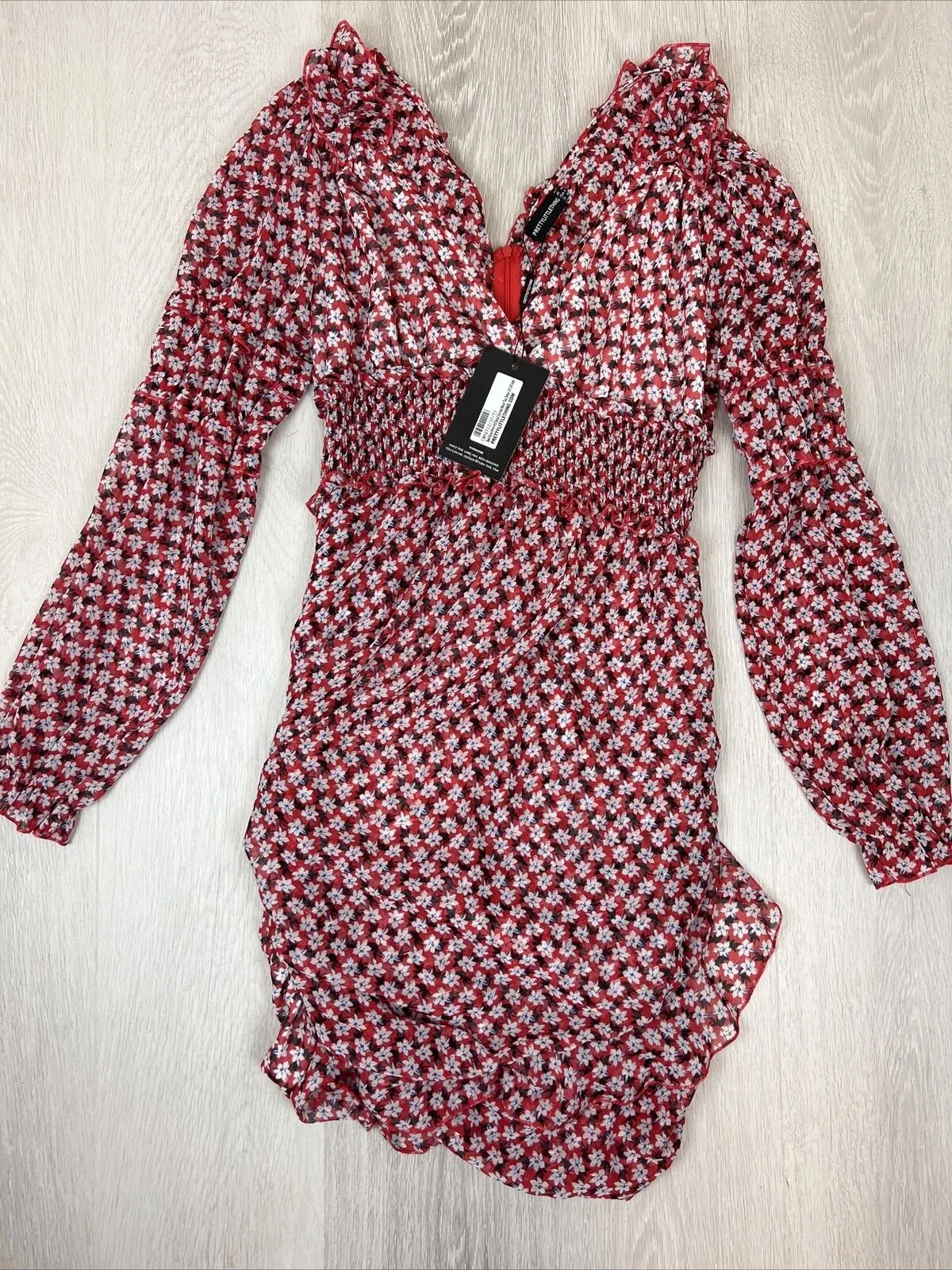 PRETTYLITTLETHING Red Floral Print Detail Shirred waist Tea Dress Size 14