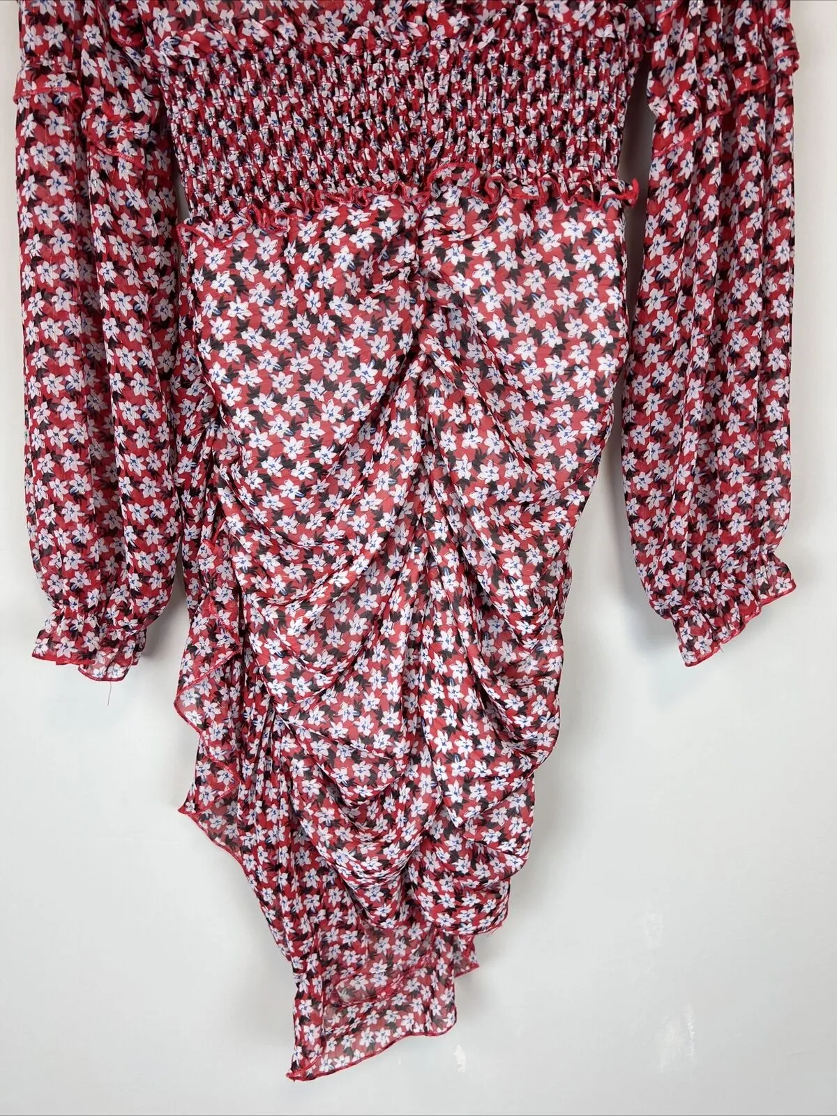 PRETTYLITTLETHING Red Floral Print Detail Shirred waist Tea Dress Size 14