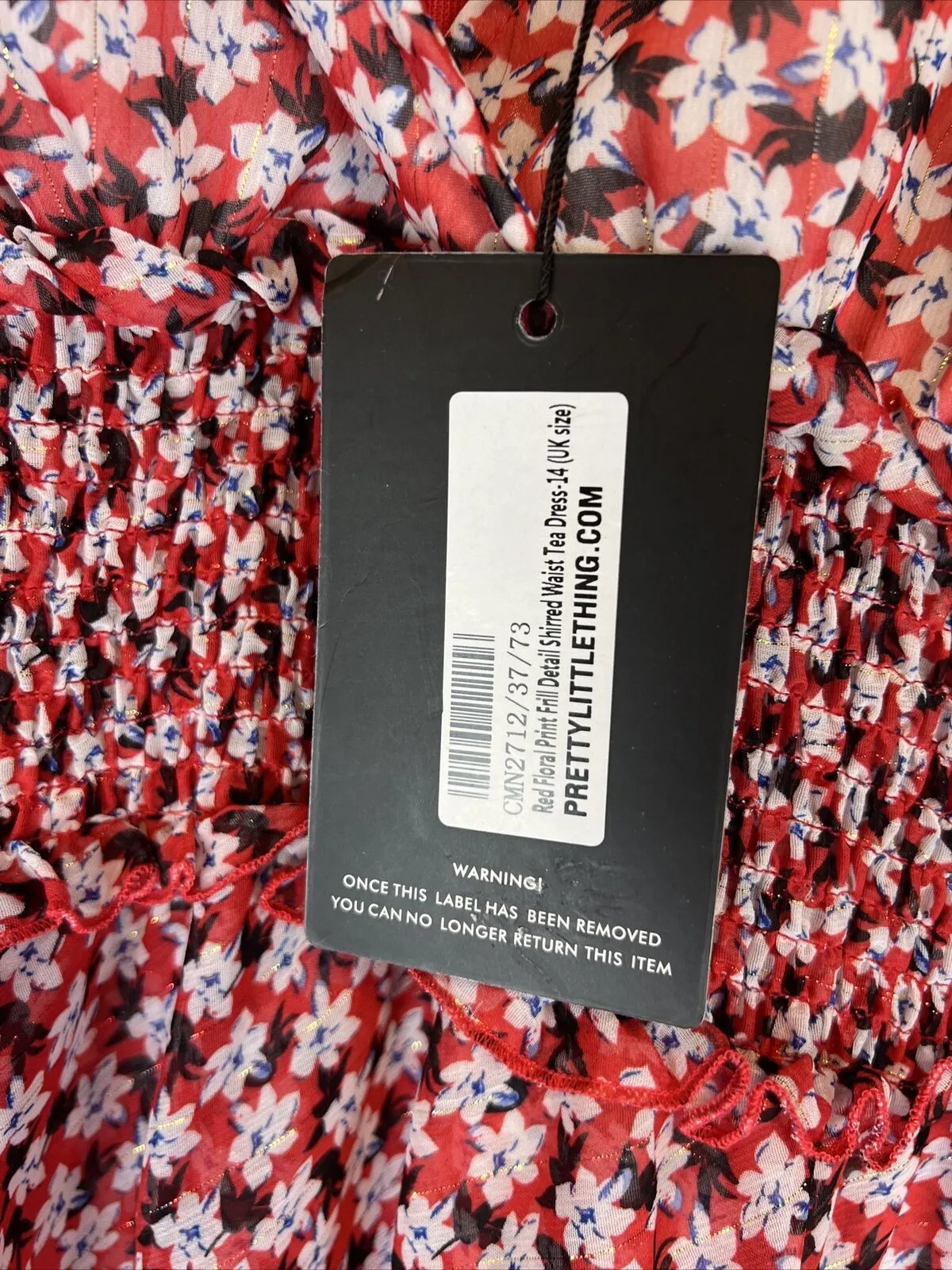 PRETTYLITTLETHING Red Floral Print Detail Shirred waist Tea Dress Size 14