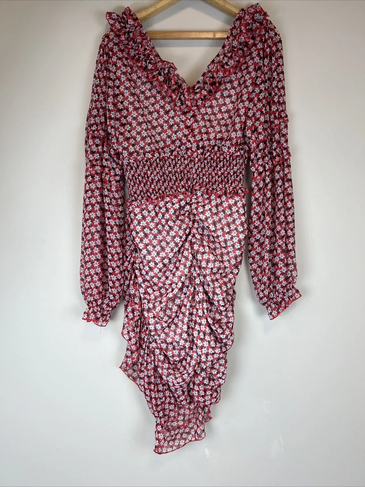 PRETTYLITTLETHING Red Floral Print Detail Shirred waist Tea Dress Size 14