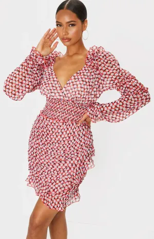 PRETTYLITTLETHING Red Floral Print Detail Shirred waist Tea Dress Size 14