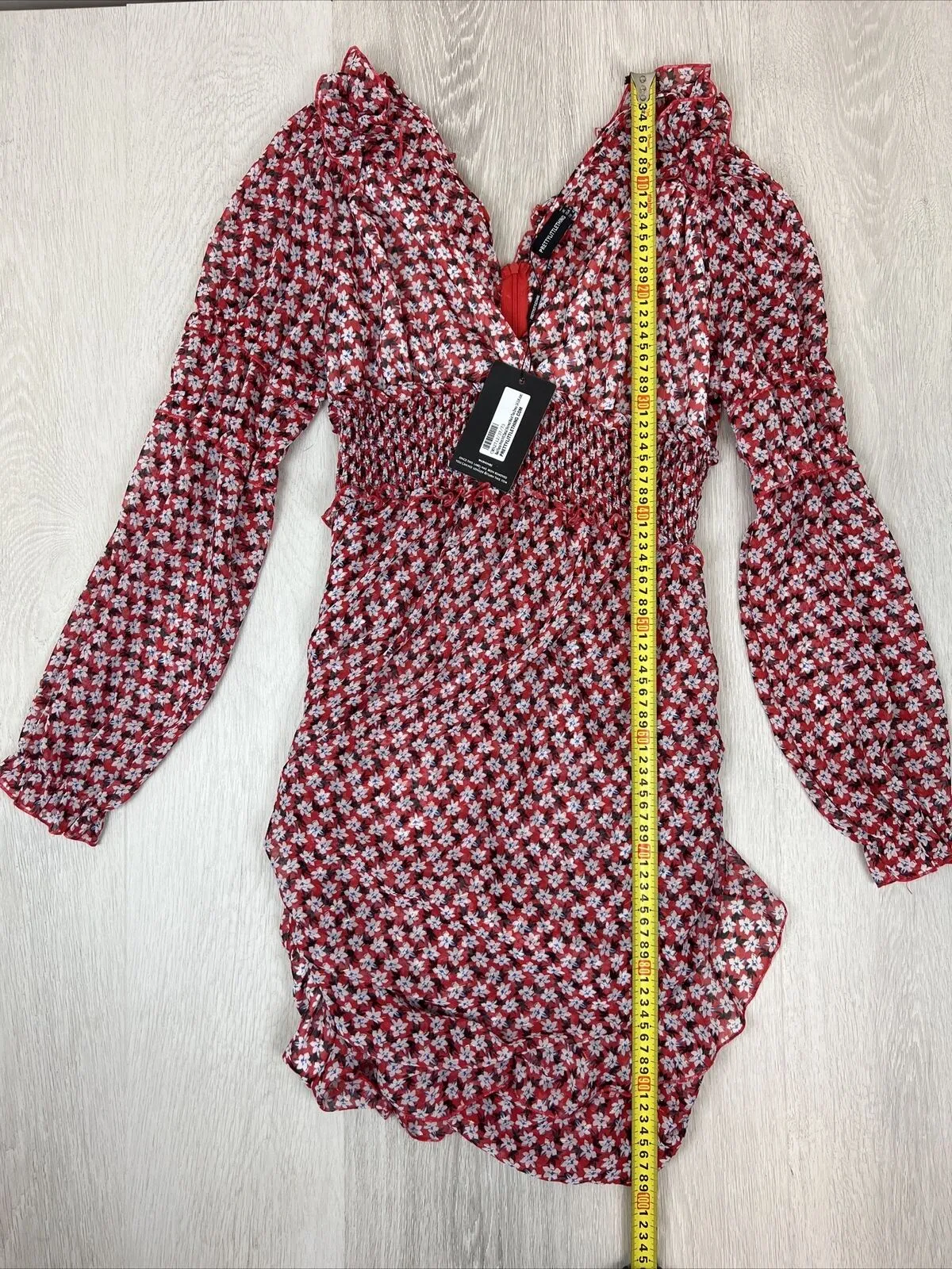 PRETTYLITTLETHING Red Floral Print Detail Shirred waist Tea Dress Size 14