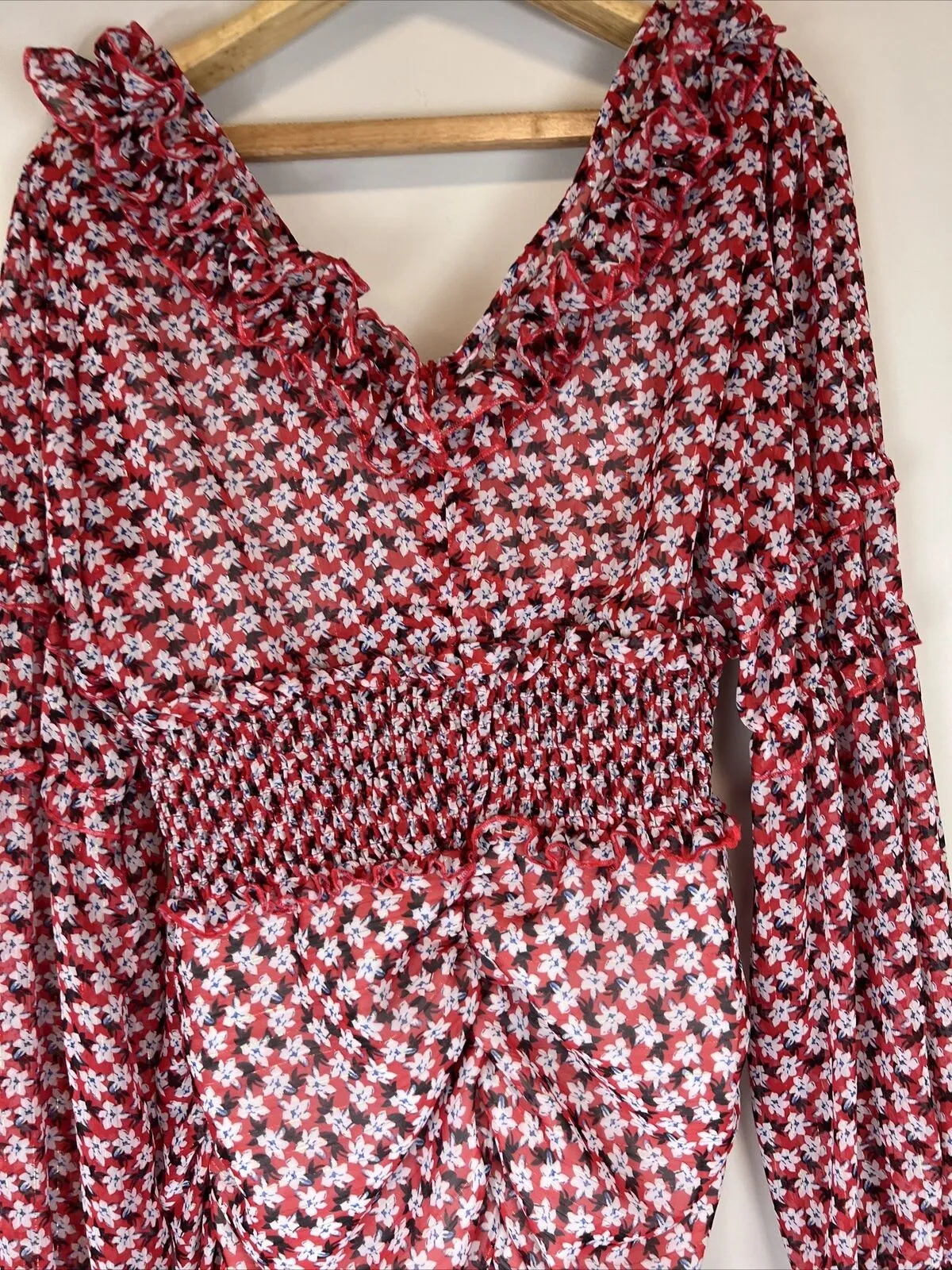 PRETTYLITTLETHING Red Floral Print Detail Shirred waist Tea Dress Size 14