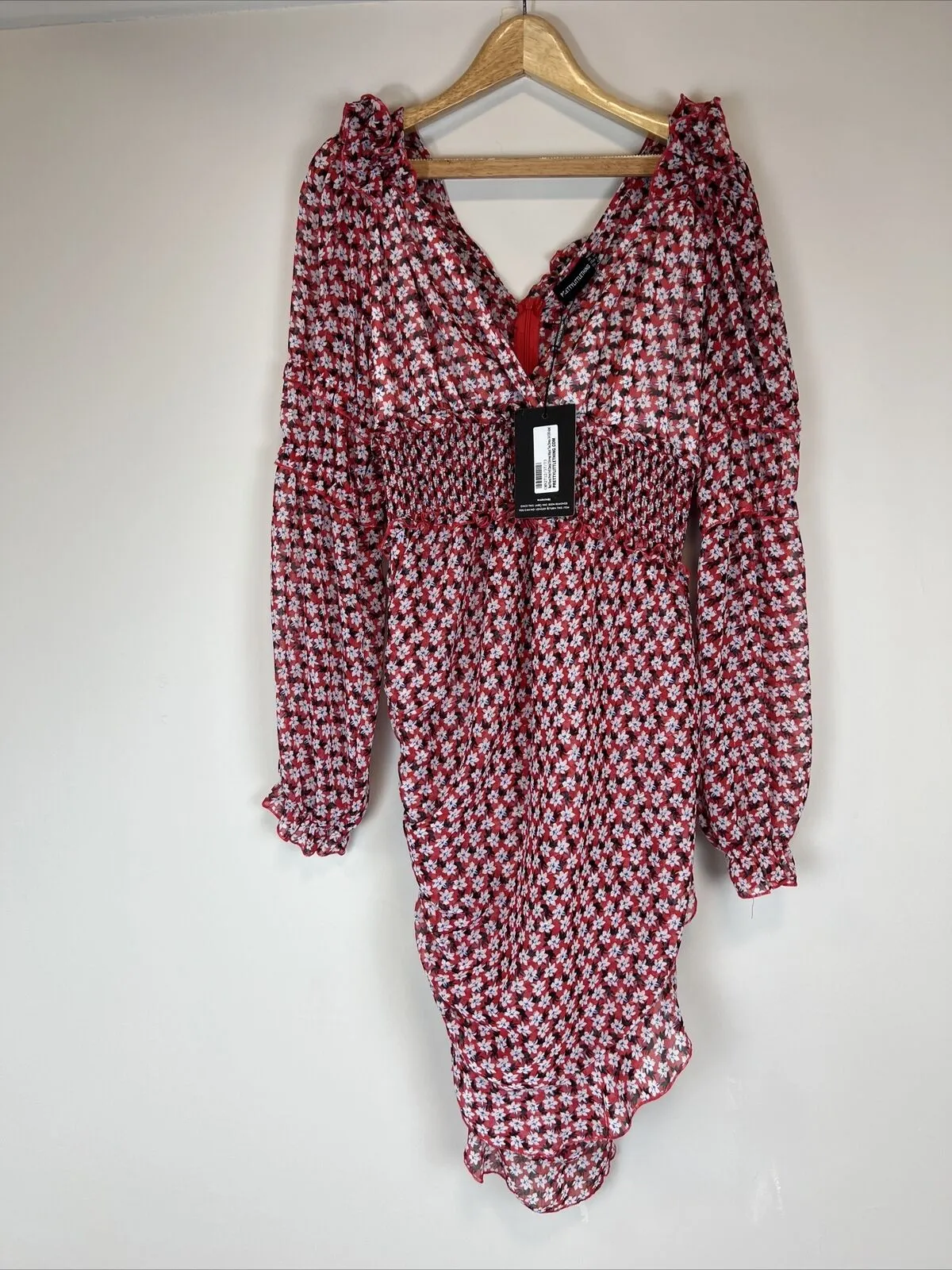 PRETTYLITTLETHING Red Floral Print Detail Shirred waist Tea Dress Size 14