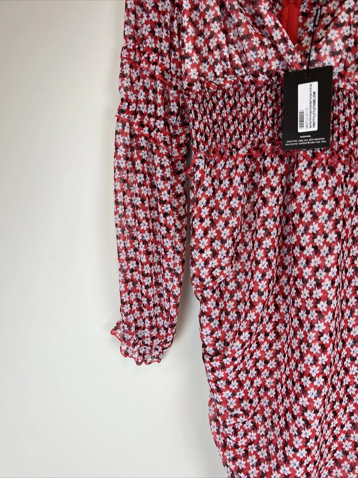 PRETTYLITTLETHING Red Floral Print Detail Shirred waist Tea Dress Size 14