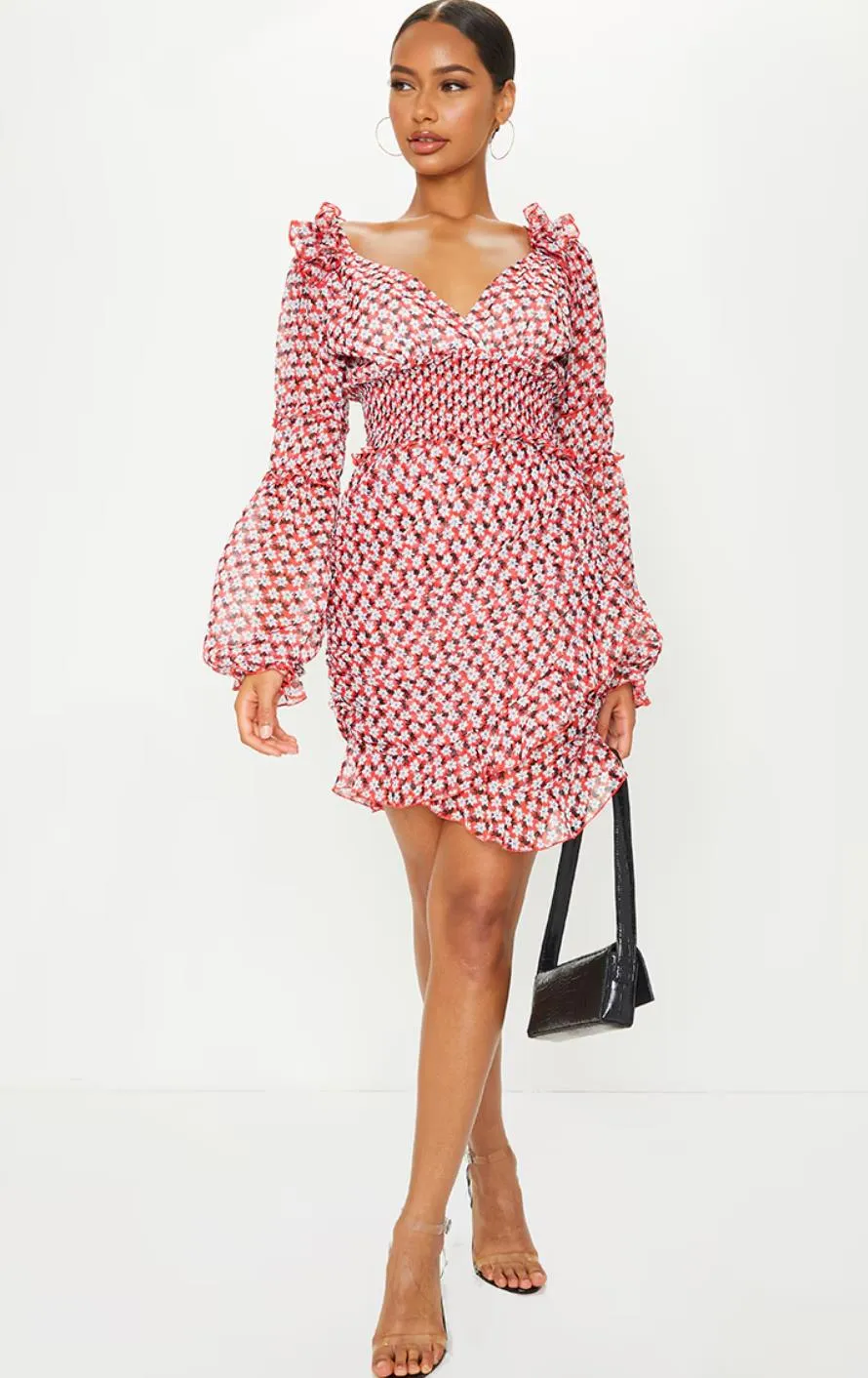 PRETTYLITTLETHING Red Floral Print Detail Shirred waist Tea Dress Size 14