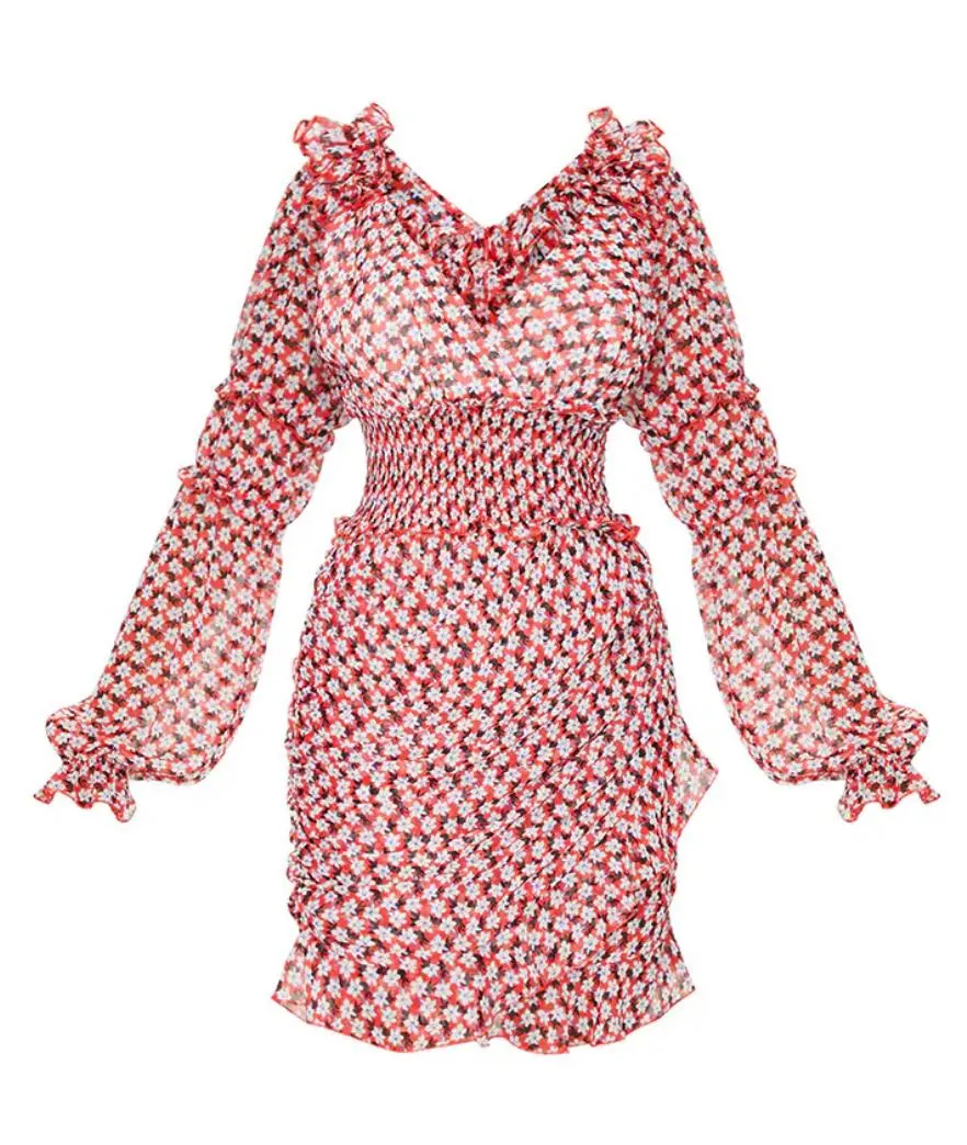 PRETTYLITTLETHING Red Floral Print Detail Shirred waist Tea Dress Size 14