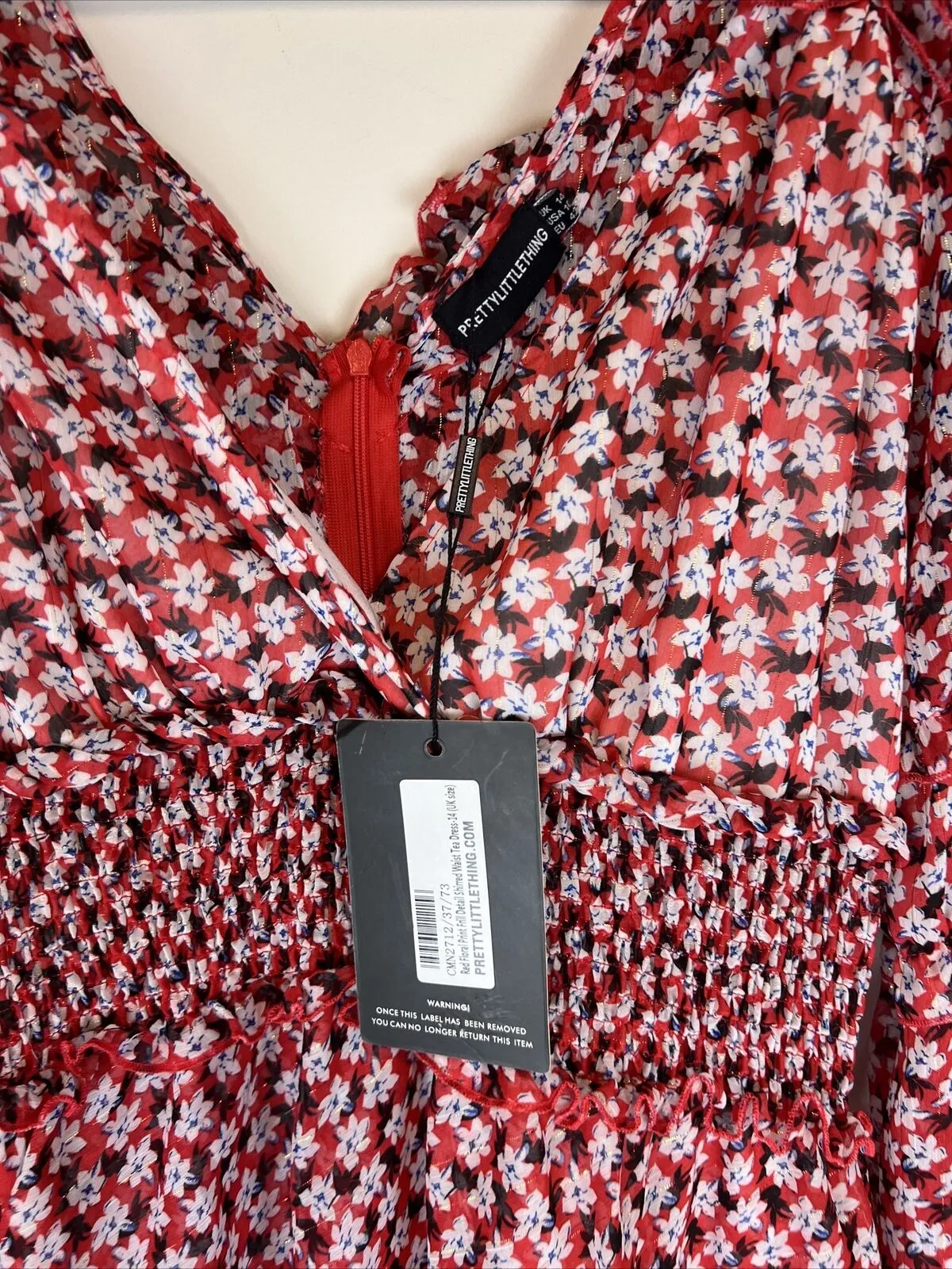 PRETTYLITTLETHING Red Floral Print Detail Shirred waist Tea Dress Size 14