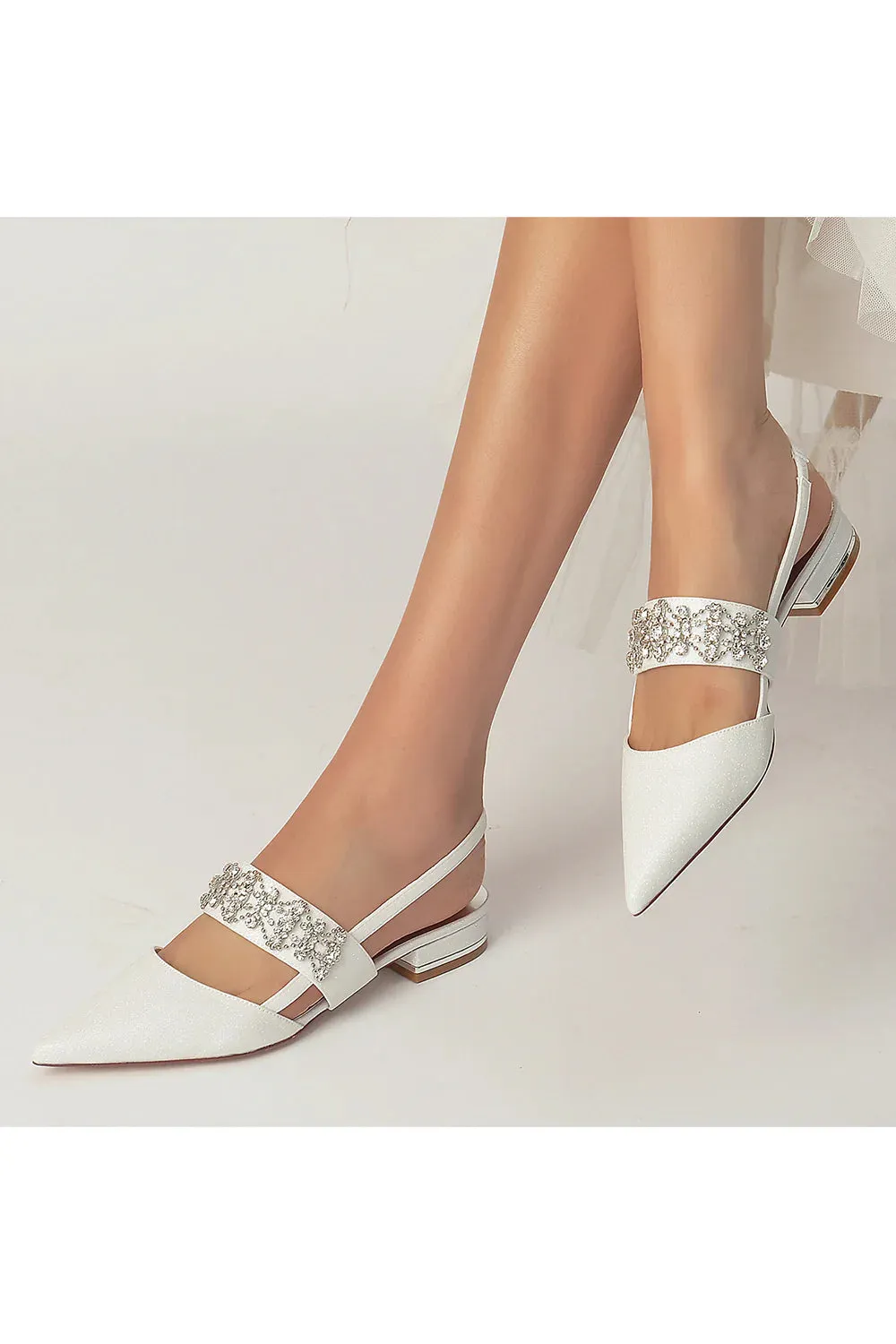 Rhinestone Pointed Toe Strap Buckle Glitter Low Heels