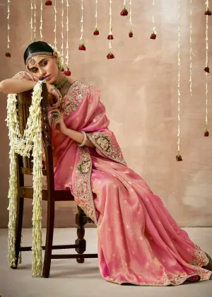 Rose Pink Woven Embroidered Designer Tissue Silk Saree