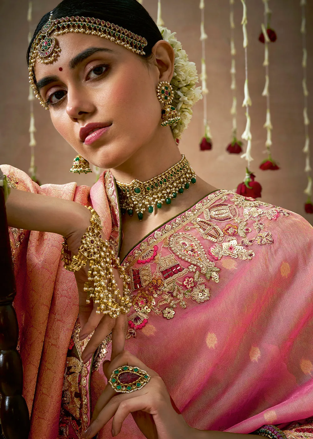 Rose Pink Woven Embroidered Designer Tissue Silk Saree