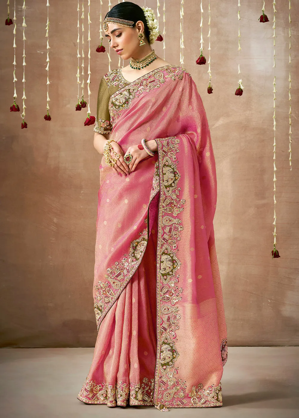 Rose Pink Woven Embroidered Designer Tissue Silk Saree