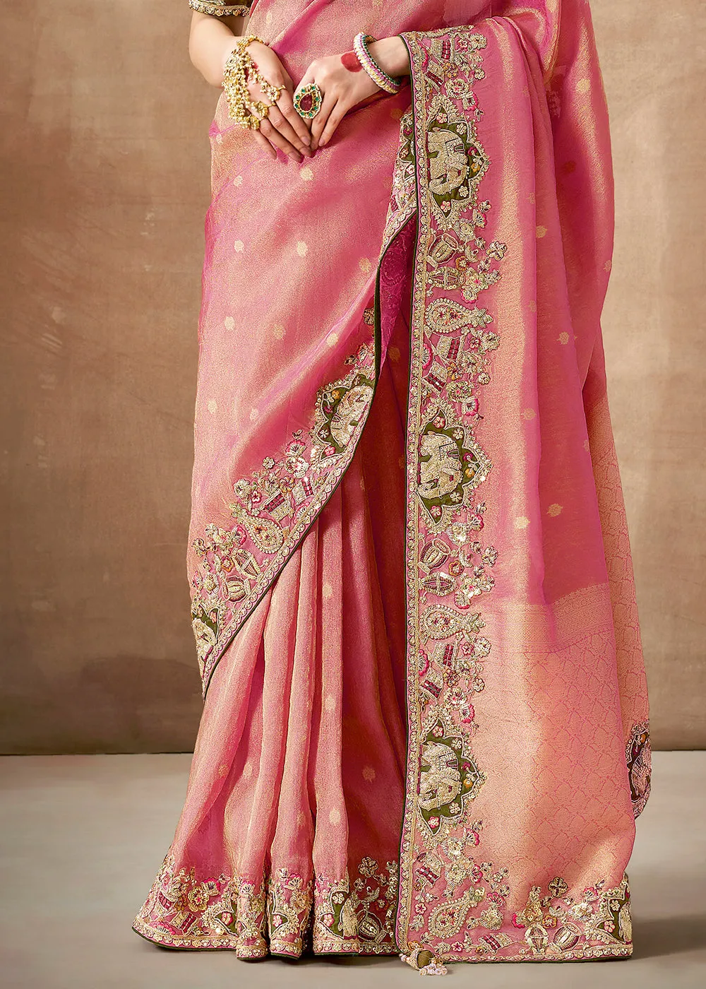 Rose Pink Woven Embroidered Designer Tissue Silk Saree