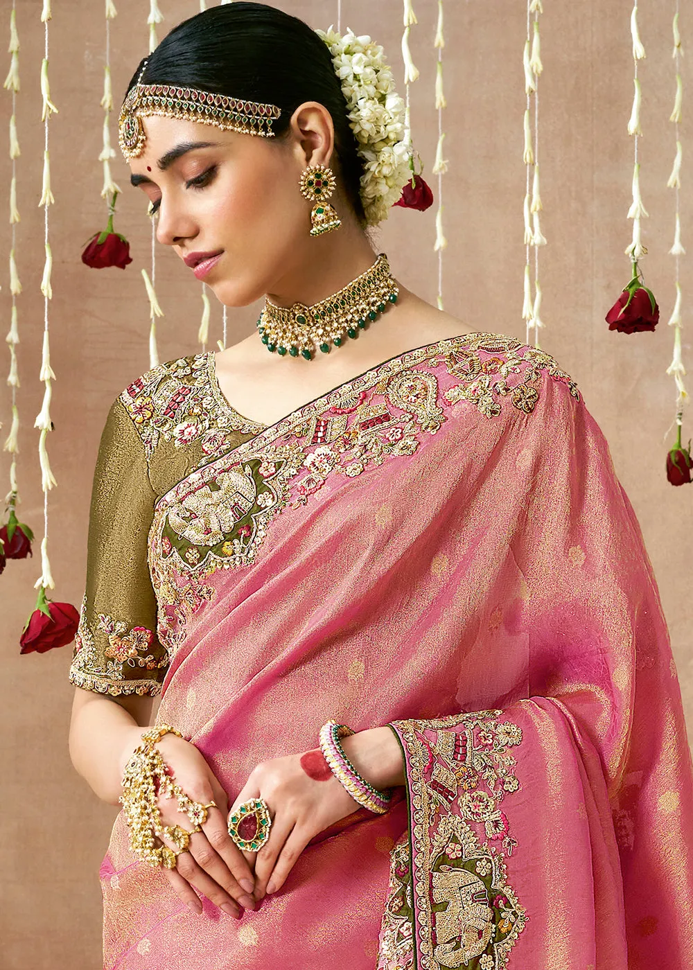 Rose Pink Woven Embroidered Designer Tissue Silk Saree