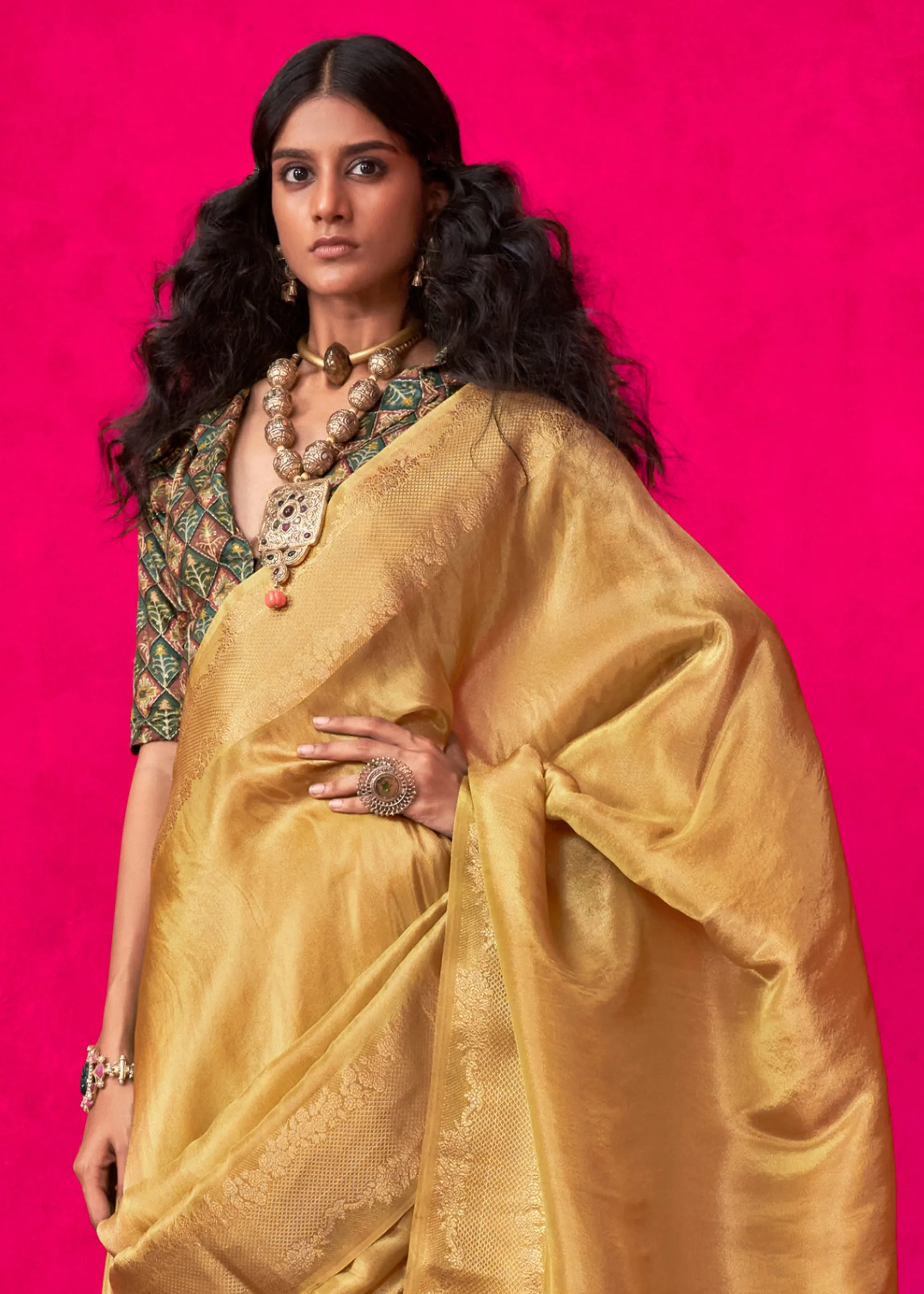 Royal Golden Woven Banarasi Tissue Silk Saree With Contrast Blouse