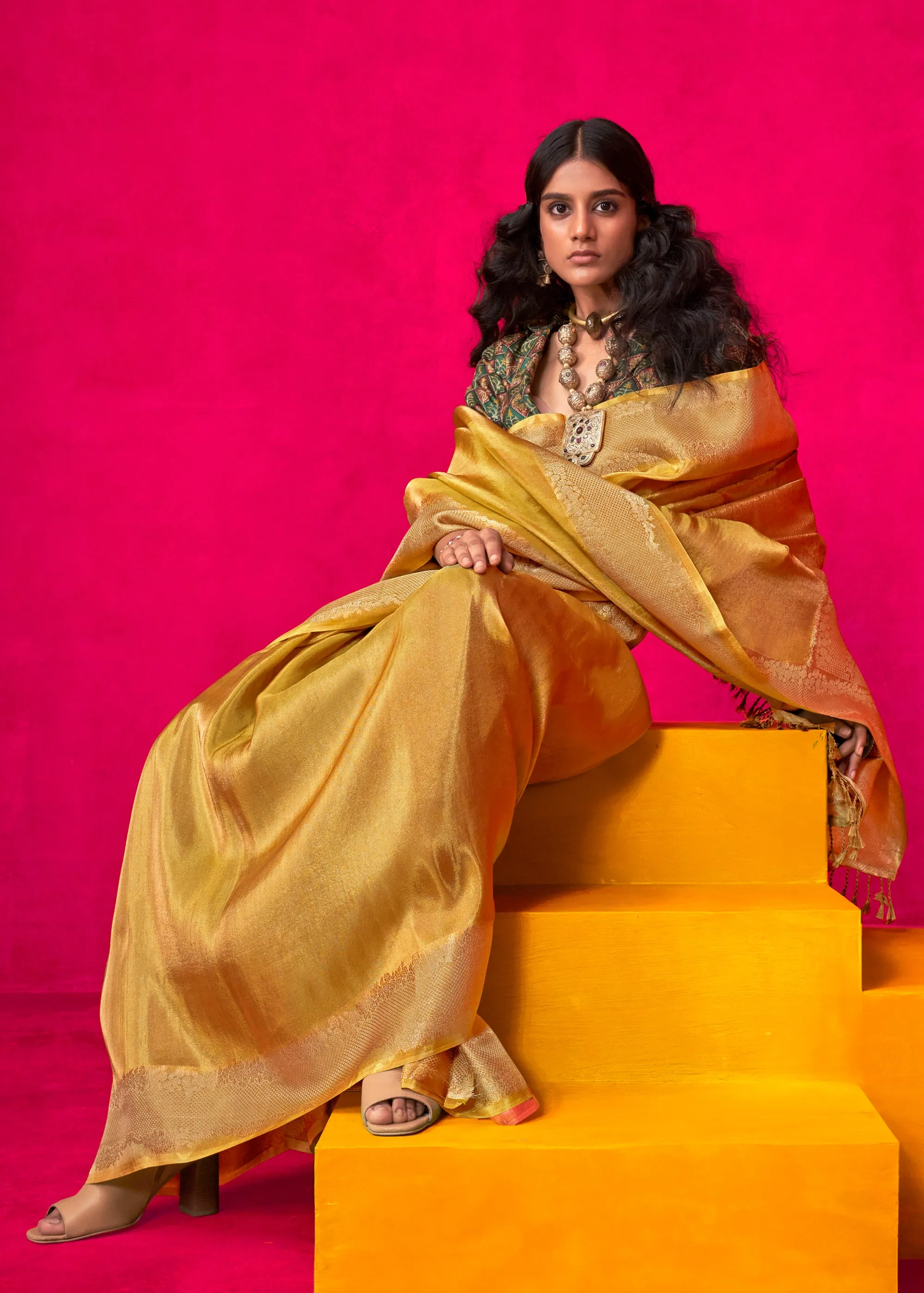 Royal Golden Woven Banarasi Tissue Silk Saree With Contrast Blouse