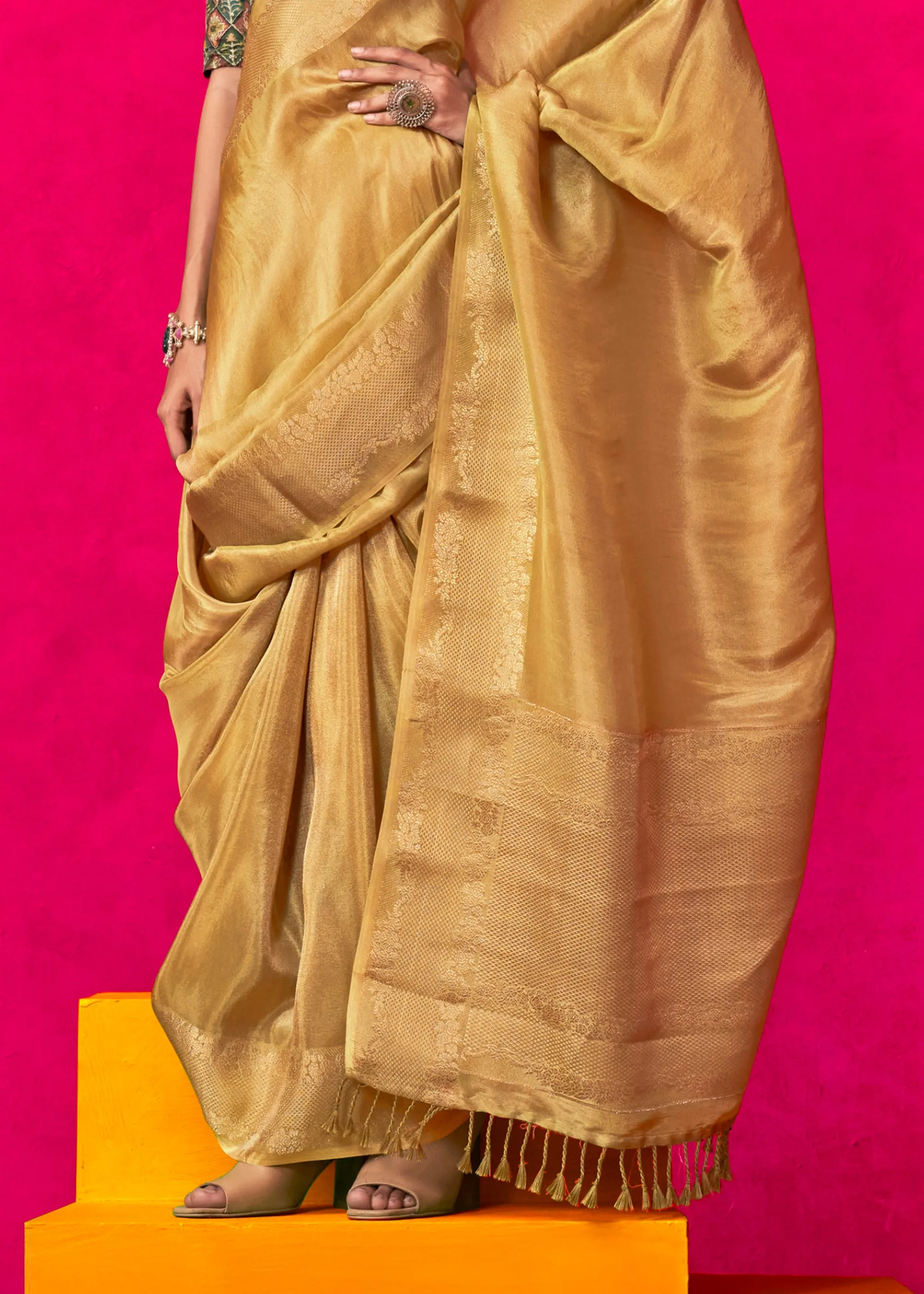 Royal Golden Woven Banarasi Tissue Silk Saree With Contrast Blouse
