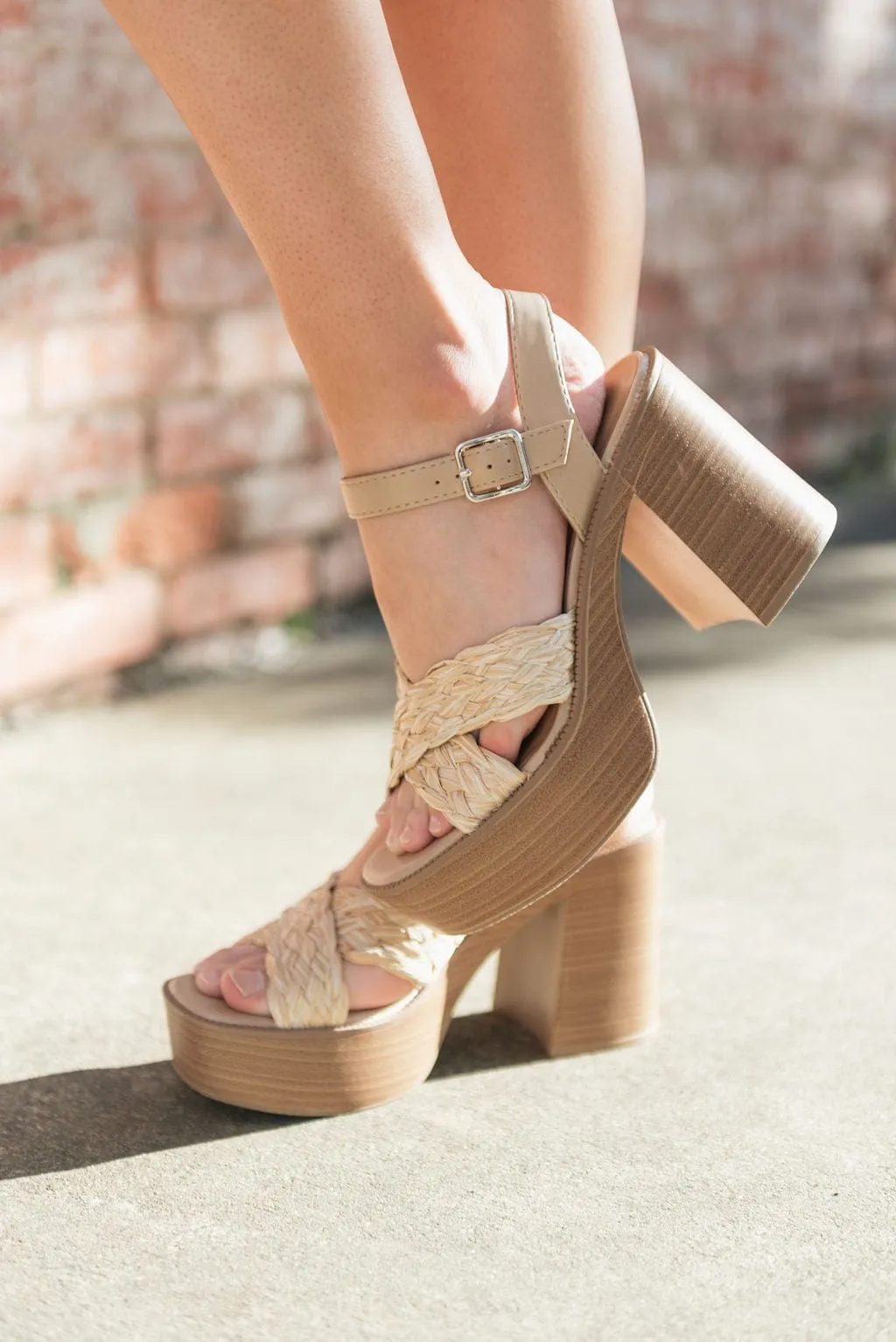 Sand Woven Platform Wooden Heels