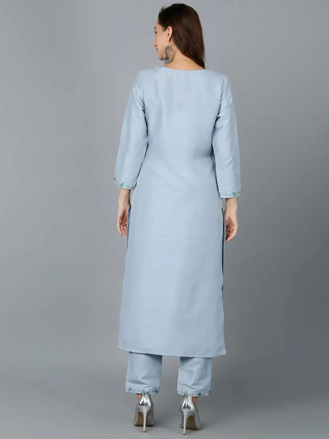 Silk Blend Light Blue Straight Kurta With