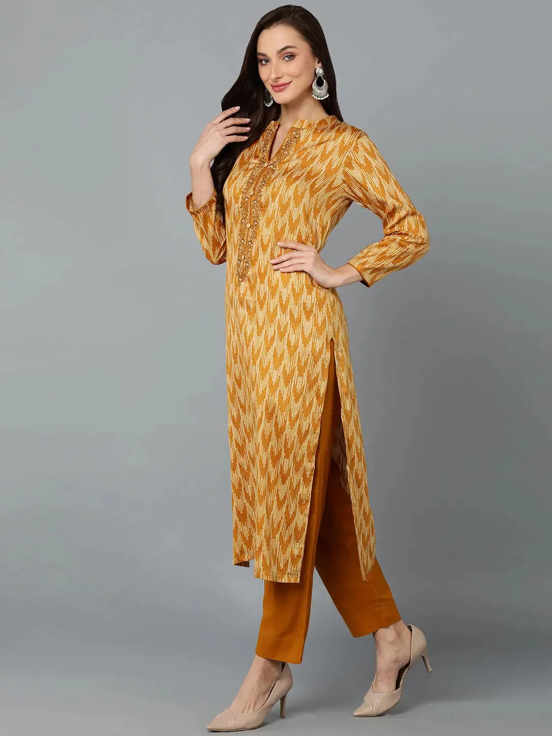 Silk Blend Ochre Yellow Straight Kurta Pant-VKSKD1815A