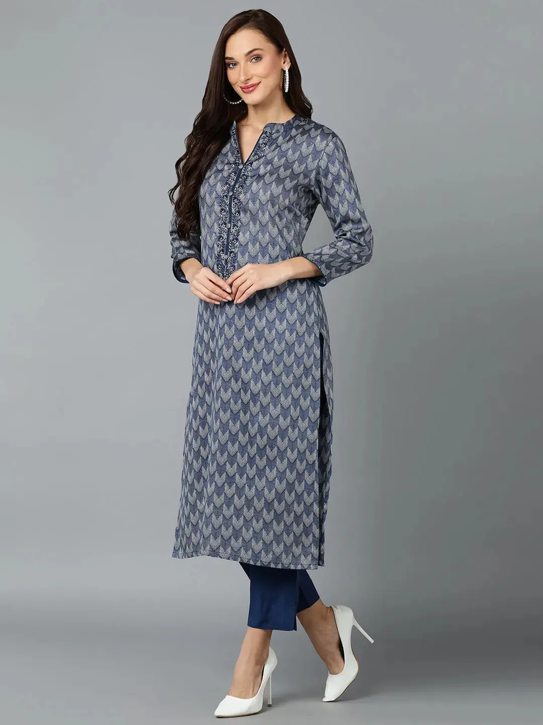 Silk Blend Prussian Blue Straight Kurta Pant-VKSKD1818A