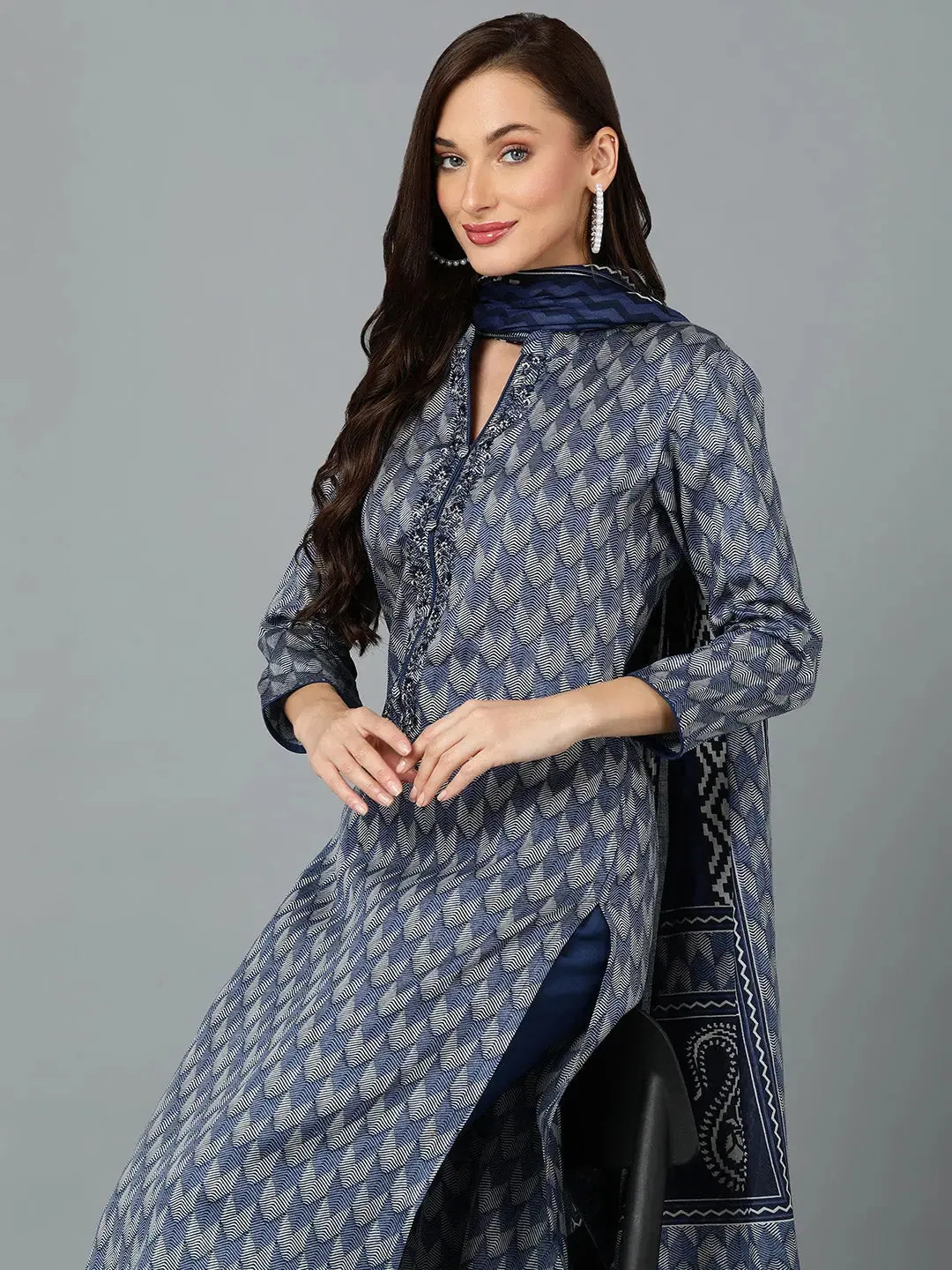 Silk Blend Prussian Blue Straight Kurta Pant-VKSKD1818A