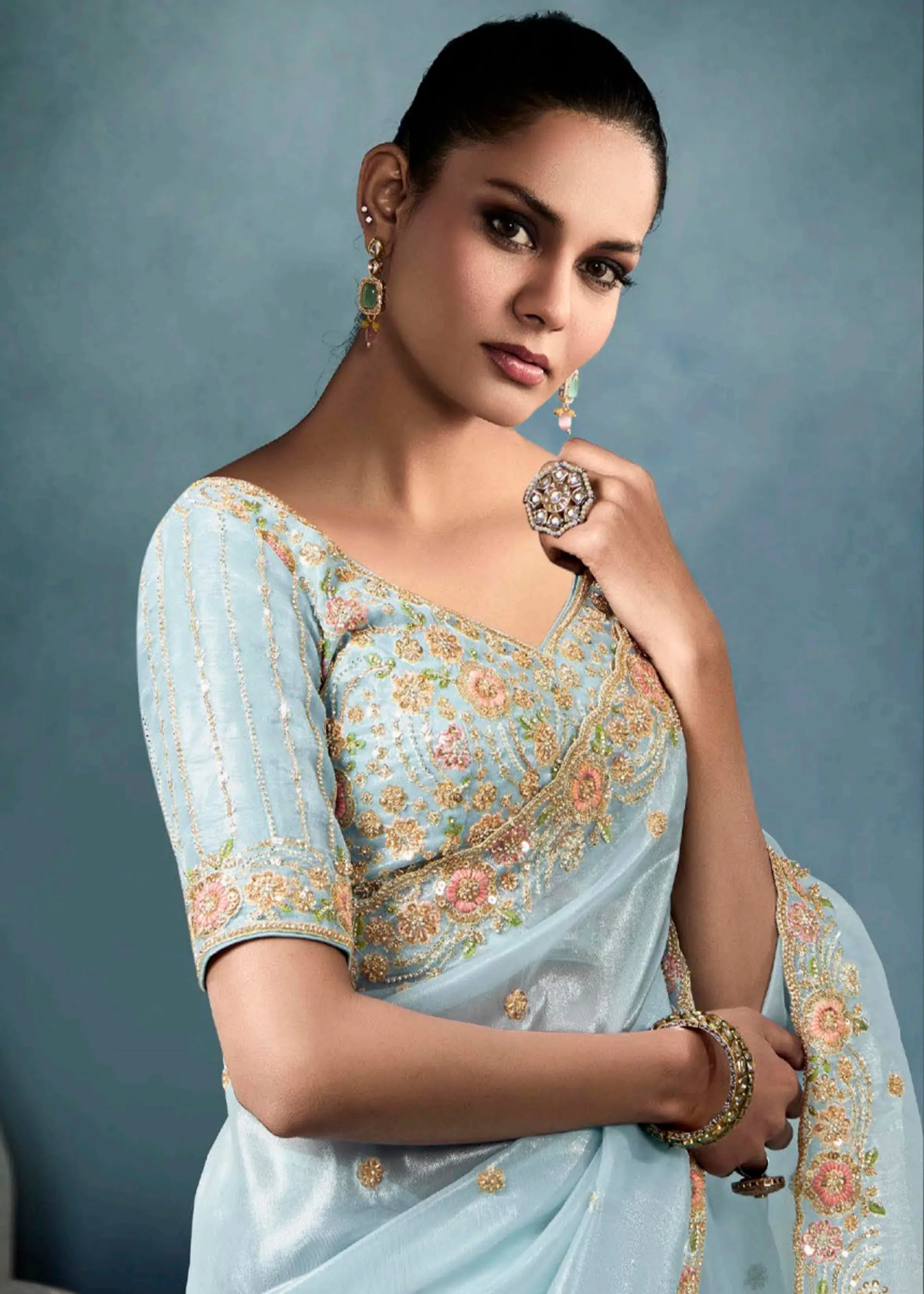 Sky Blue Embroidered Designer Tissue Silk Saree