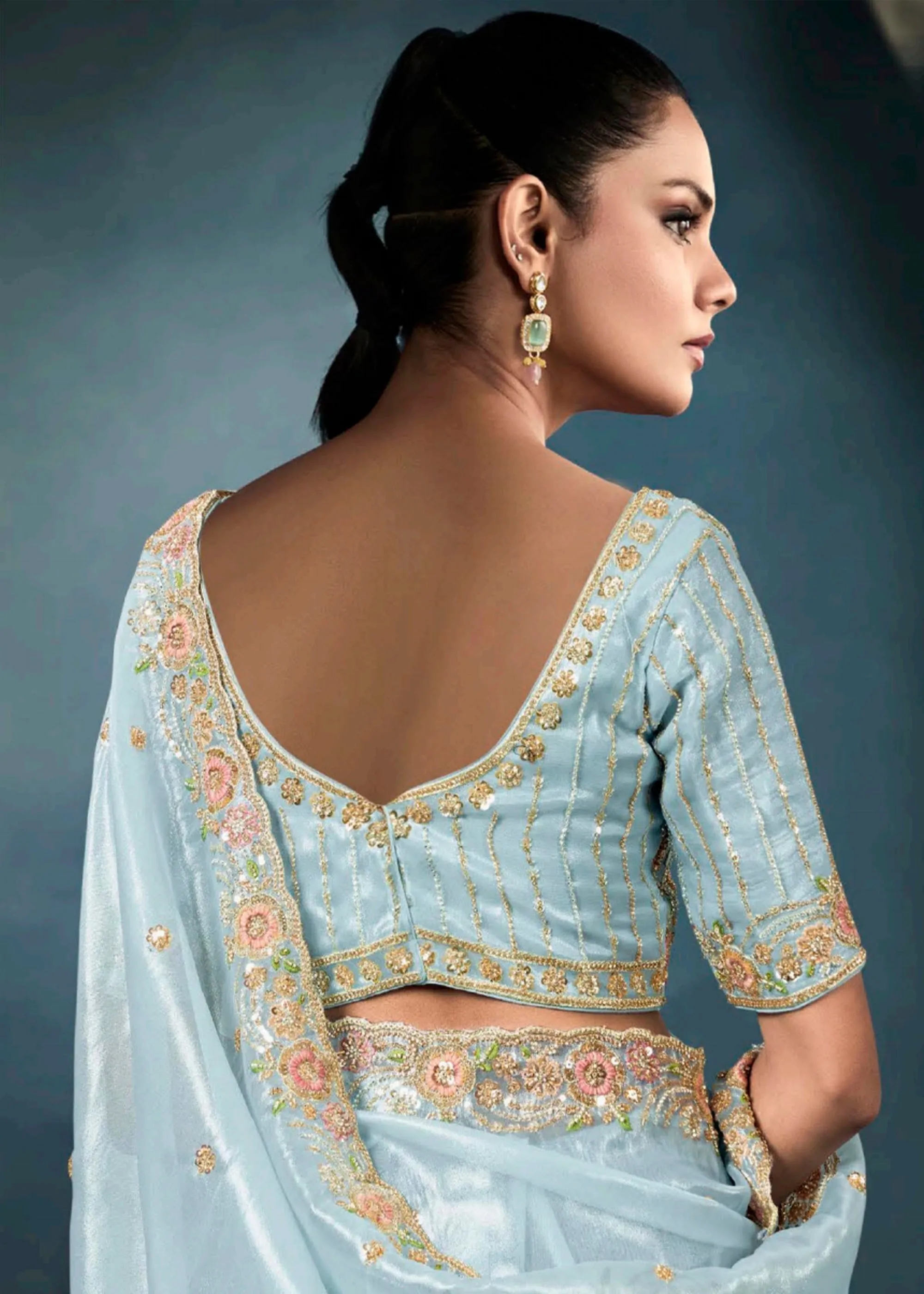Sky Blue Embroidered Designer Tissue Silk Saree