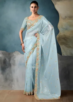Sky Blue Embroidered Designer Tissue Silk Saree