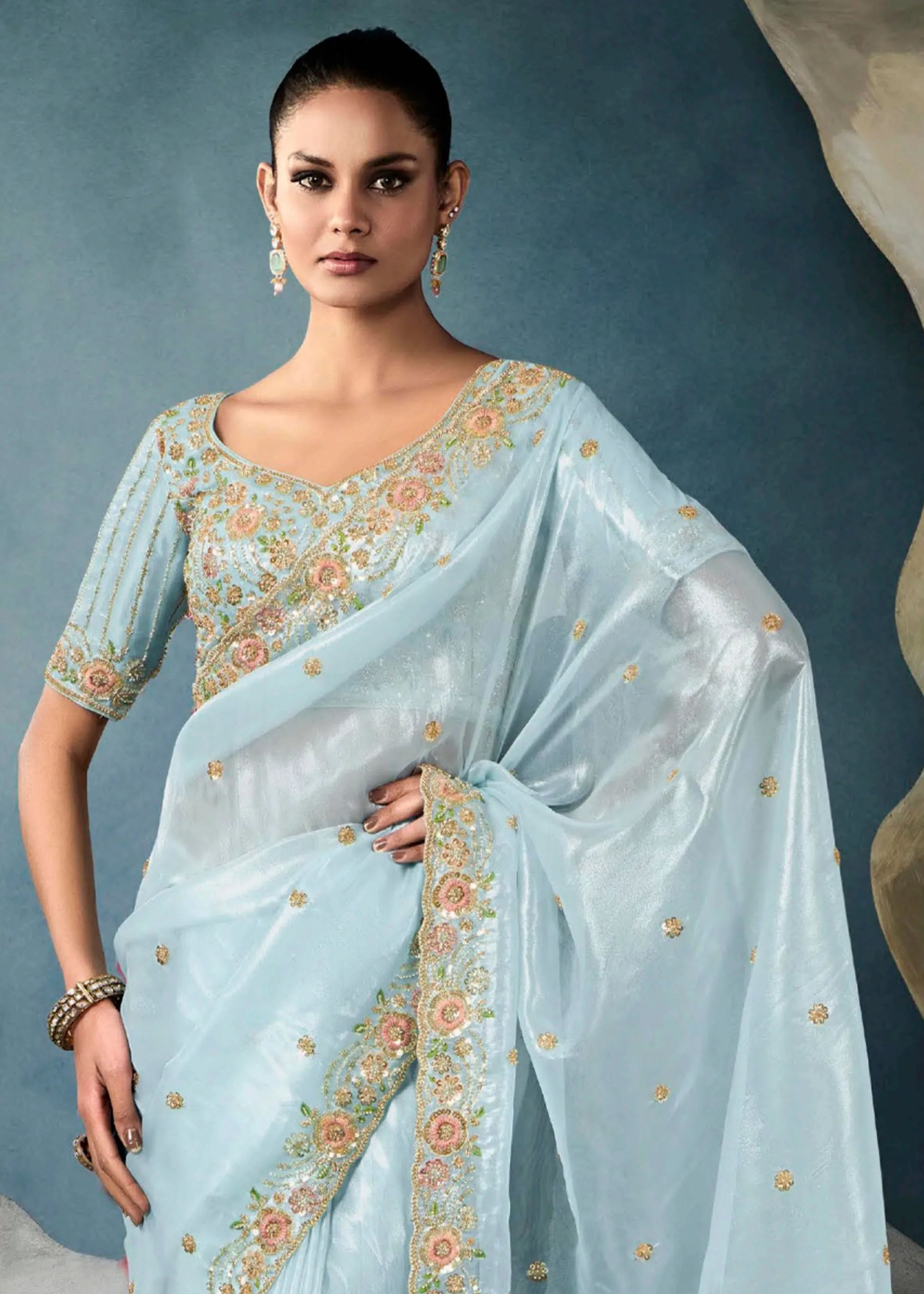 Sky Blue Embroidered Designer Tissue Silk Saree
