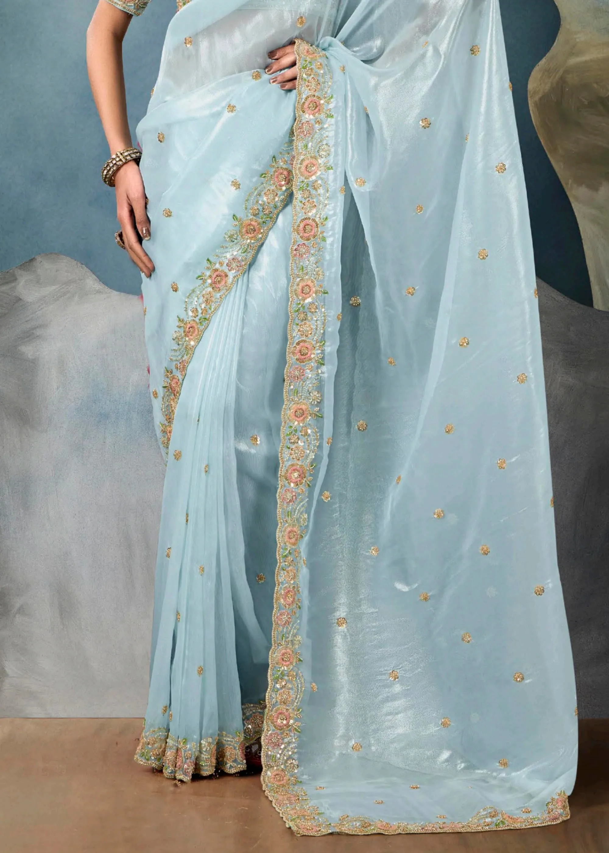 Sky Blue Embroidered Designer Tissue Silk Saree