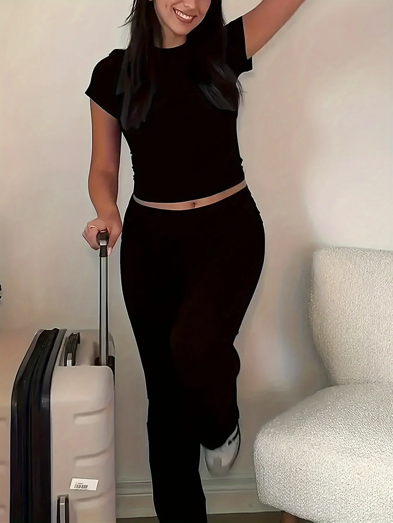 Sleek Fitted Short Sleeve Top and High-Waisted Flare Pants Set