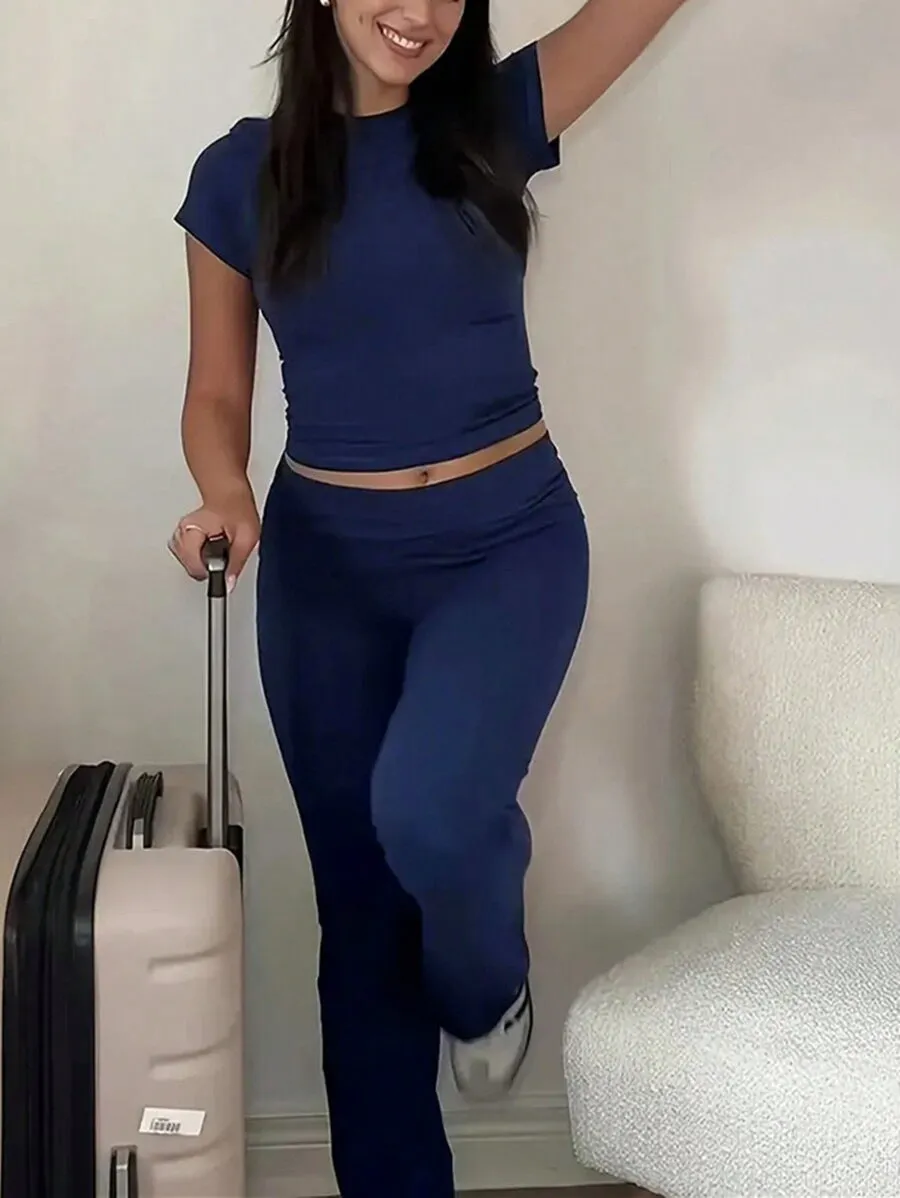 Sleek Fitted Short Sleeve Top and High-Waisted Flare Pants Set
