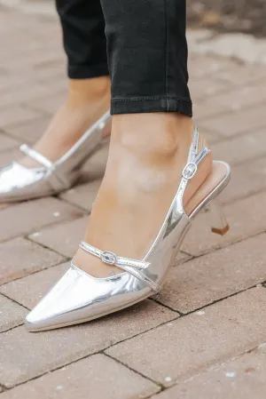 Sleek Silver Buckle Detail Slingback Heels-FINAL SALE