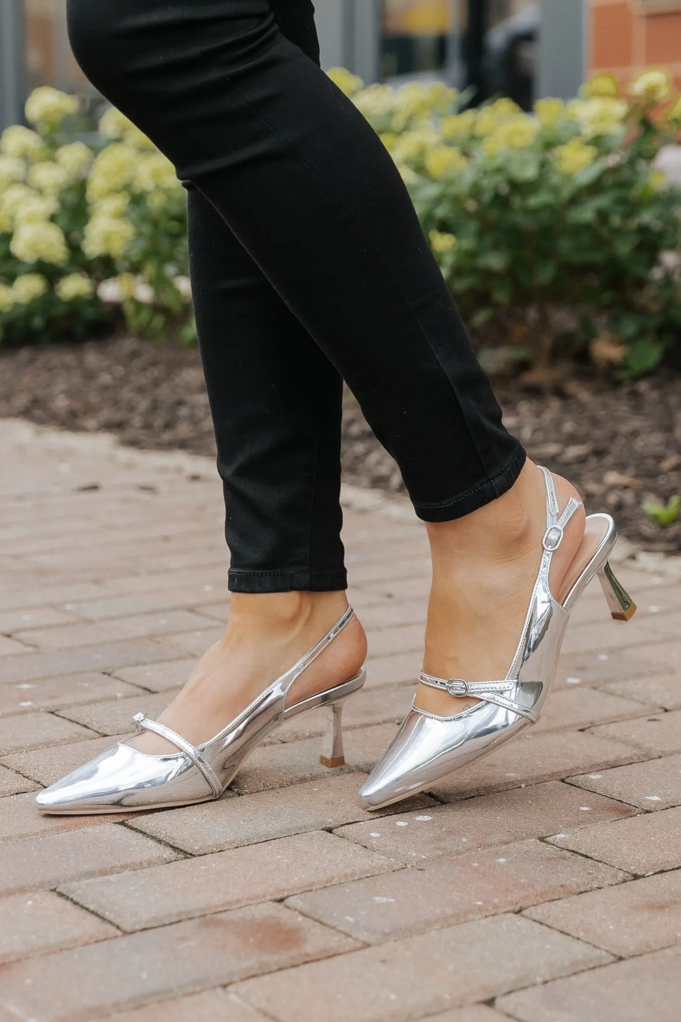 Sleek Silver Buckle Detail Slingback Heels-FINAL SALE