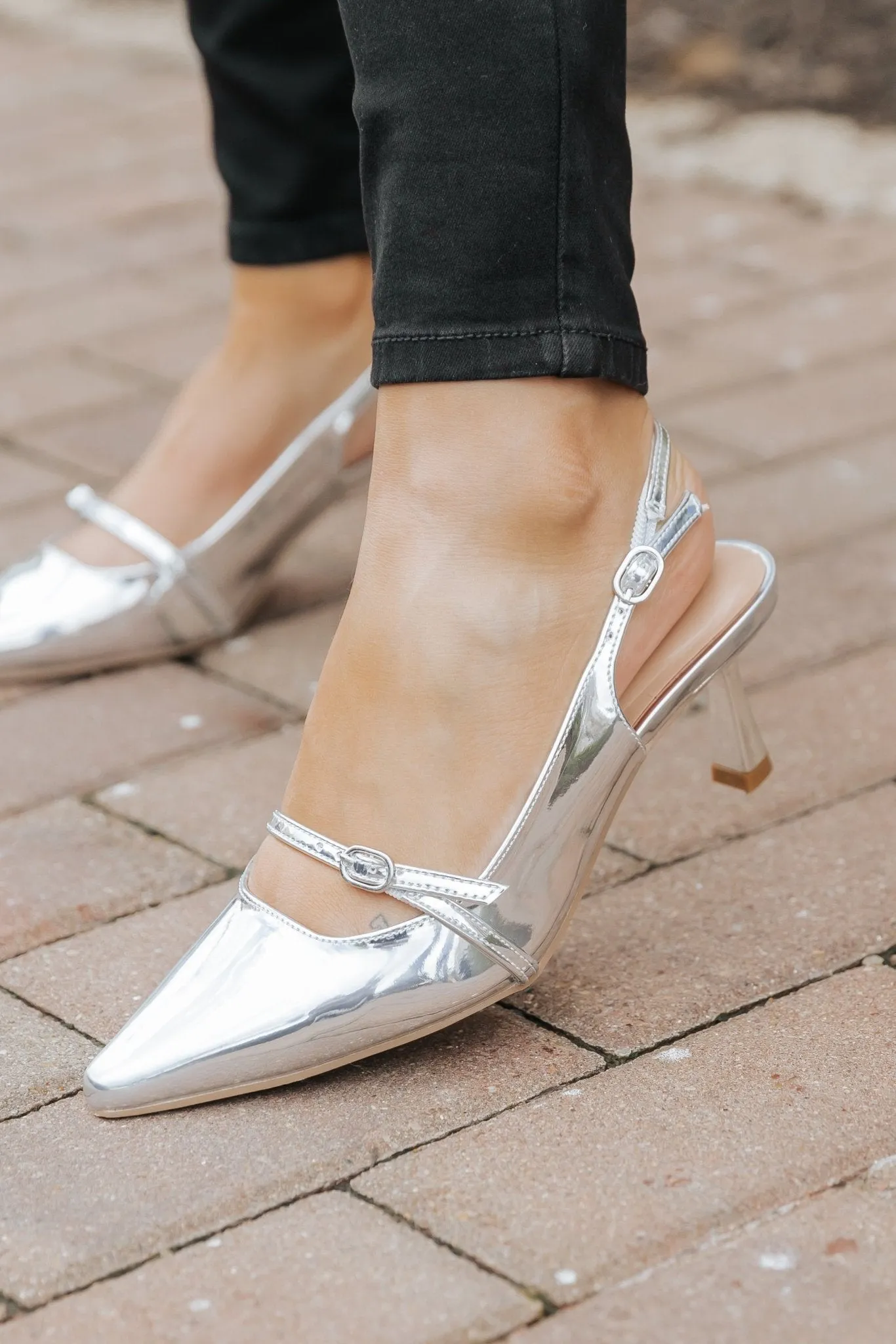 Sleek Silver Buckle Detail Slingback Heels-FINAL SALE