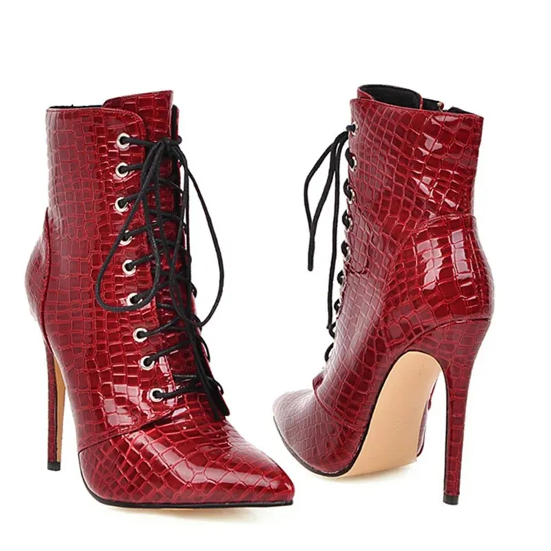 Snake High Heels Lace Up Short Boot